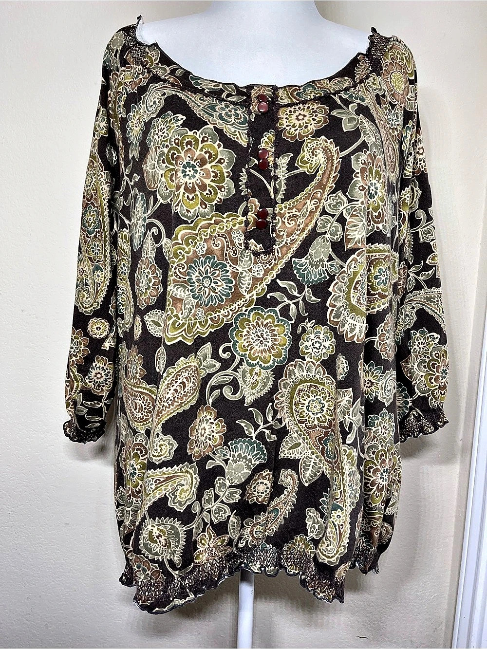 Caribbean Joe 2X Paisley Floral Boho Blouse Tunic Top